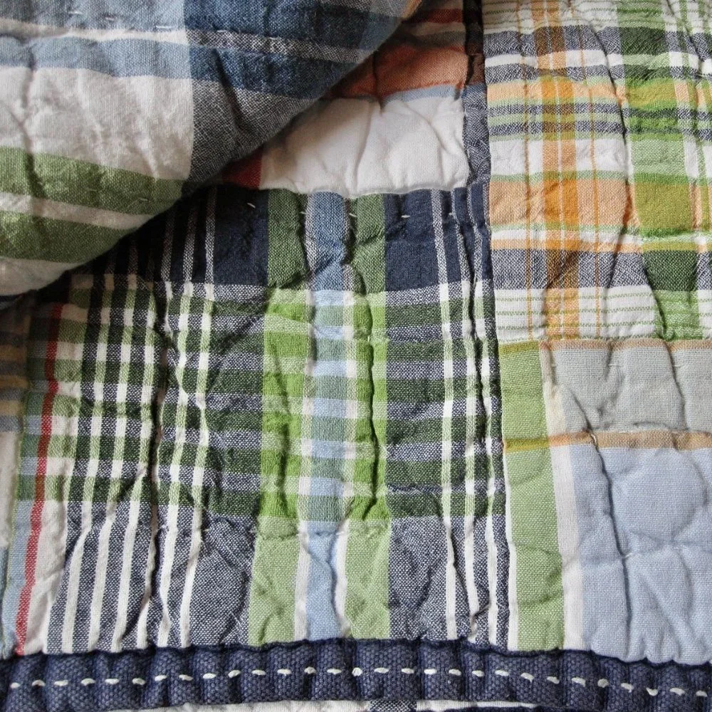 Pottery Barn Madras Plaid Patchwork Full Queen Quilt w 2 Shams Red Blue Green